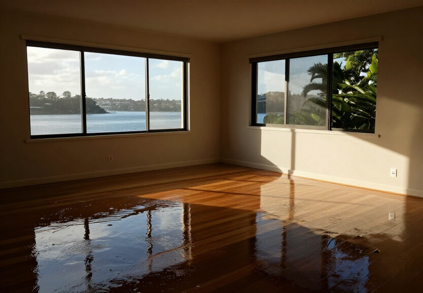 Flood-damaged living room in Chatswood West before restoration